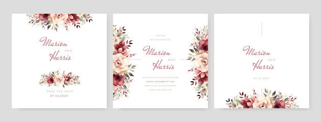 Fototapeta na wymiar Watercolor wedding invitation template with arrangement flower and leaves