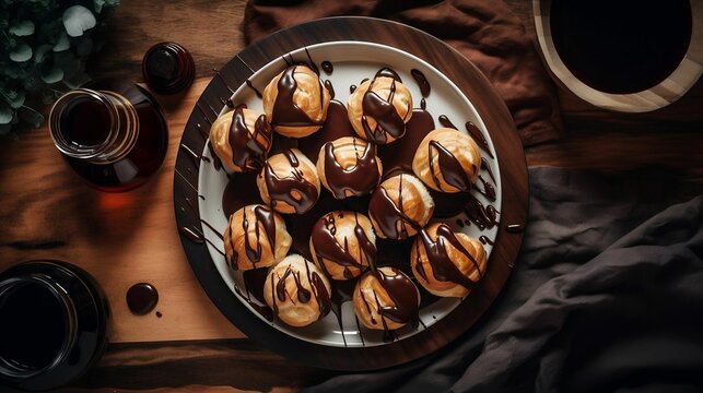 AI-generated illustration of a plate of profiterole with chocolate cream.