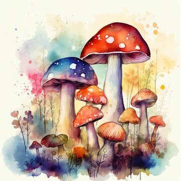 AI generated illustration of a vibrant watercolor painting of a cluster of colorful mushrooms