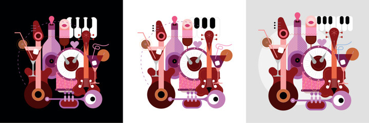 Music party poster design includes musical instruments, cocktails and alcohol drink bottle isolated on a white background. Flat style layered vector illustration.