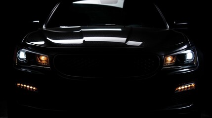 AI generated illustration of a black sleek car illuminated by bright headlights in a dark setting