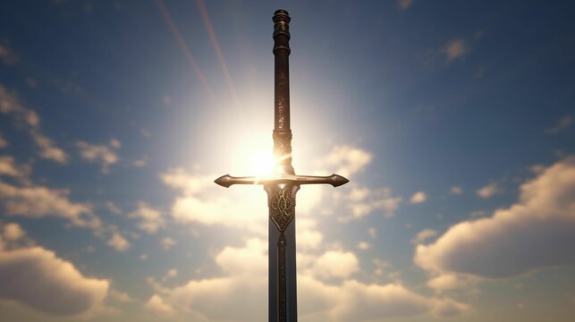 AI generated illustration of a sword standing upright against a clear blue sky