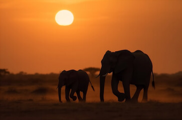 Naklejka na ściany i meble Silhouette of elephant and baby elephant in the rays of sunset
