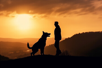 Silhouette of man and dog in the sunset