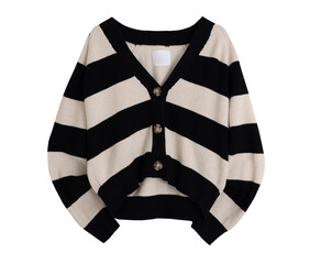 Knitted stripped women's cardigan. Trendy stylish fashion sweater isolated on white.