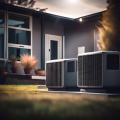 W&auml;rmepumpen vor einem modernen Haus. Energiewende. &Ouml;kologisches Heizen und k&uuml;hlen von Wohnungen. ai generierte 3d Illustration