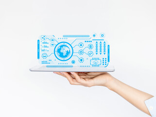 Woman hand palm faced upwards holding laptop.Global internet connection technology. Business,digital marketing ,finance and banking,digital link technology,big data. AI controls technology futuristic.