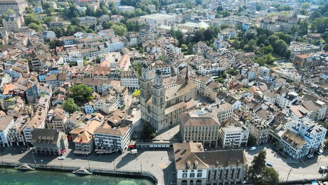 Flight over zurich with view of the city and the lake zurich