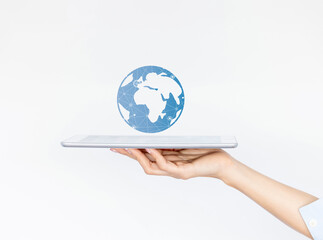 Woman hand palm faced upwards holding laptop.Global internet connection technology. Business,digital marketing ,finance and banking,digital link technology,big data. AI controls technology futuristic.