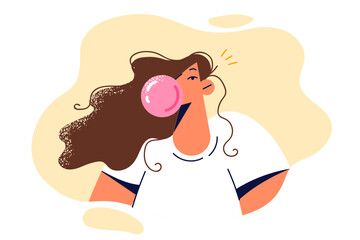 Girl blows chewing gum bubble enjoying fruity pink cud due to laziness and lack of urgent matters - obrazy, fototapety, plakaty