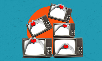 A collage of modern art. Concept An old retro TV with an image of hands and heart.