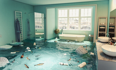 interior of a flooded modern bathroom