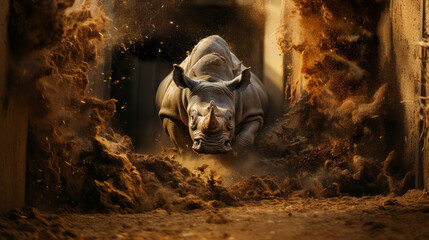 running rhinoceros destroys a wall.