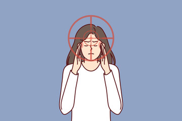 Depressed woman with rifle target near face senses danger and is stressed out due to bullying or misunderstanding. Depressed person been psychological attacked by others because intolerance of society