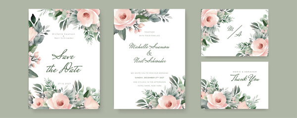 Watercolor wedding invitation card template with floral and leaves decoration