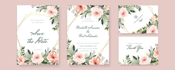 Watercolor wedding invitation template with floral and leaves decoration