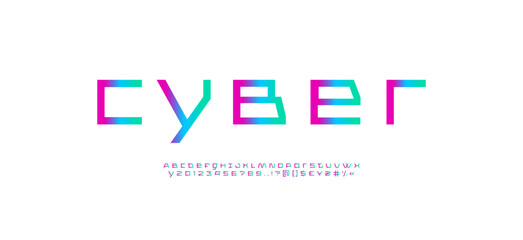 Digital font, digital bright alphabet, bright trendy Latin letters from A to Z and Arab numbers from 0 to 9 for you designs brand name or logo, vector illustration 10EPS