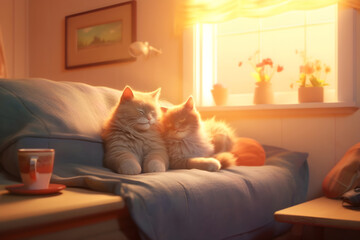 Two cats lying on cozy sofa in the evening sun. Generative Ai