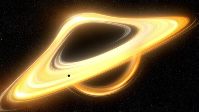 A swirling vortex of intense gravitational forces create visual distortions as light bends and stretches around the event horizon create by the mysterious and awe-inspiring power of black holes