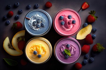 Delicious smoothie garnished with fresh berries in glasses top view. Generative Ai