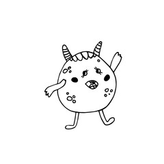 Cute monsters, black and white linear monsters, hand illustration on white background