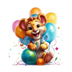 Naklejka premium Cheerful and playful baby lion cub surrounded by colorful balloons, cartoon on white background. Generative AI