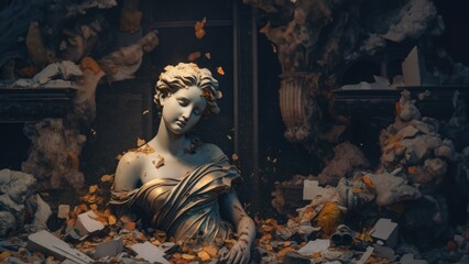 Sad emotional scene of a neoclassical French marble statue broken in a fallen war torn city, charred and burnt surrounded by destroyed building ruins  - generative AI