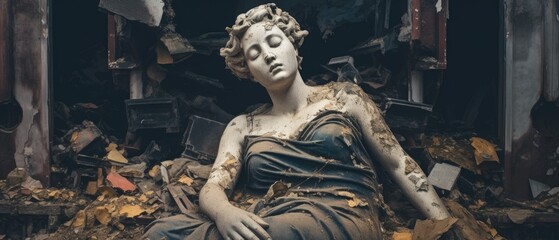 Sad emotional scene of a neoclassical French marble statue broken in a fallen war torn city, charred and burnt surrounded by destroyed building ruins  - generative AI