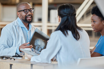 Black man, doctors and meeting with xray of test results, analysis and healthcare feedback. Medical surgeon, nursing team and planning radiology assessment for x ray chart, clinic report and review