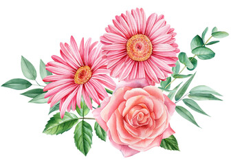 Beautiful flowers rose and gerbera isolated on white background. Hand-drawn in watercolor, a bouquet of delicate flowers