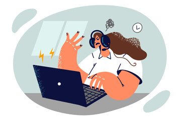 Nervous woman call center specialist sits at table with laptop and uses headset for consultation