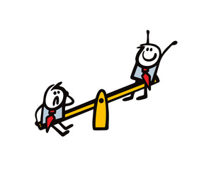 Two businessmen are swinging on the swing of success. Vector illustration of the winner and loser in finance and career stickman.