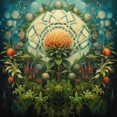 overgrown floral blossom sacred geometry spiritual nature - by generative ai