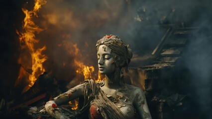 Fototapeta na wymiar Sad emotional scene of a neoclassical French marble statue broken in a fallen war torn city, charred and burnt surrounded by destroyed building ruins - generative AI