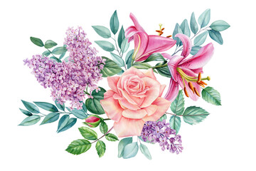 Beautiful flowers isolated on white background. Hand-drawn in watercolor, bouquet of eucalyptus, lilac, lily and rose