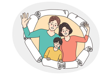 Happy young family with kid peep through paper hole greeting with birthday make surprise. Smiling parents with kid have fun look through opening. Party and celebration. Vector illustration.