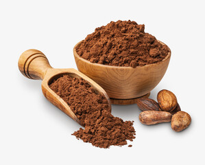 Wooden scoop with cacao powder isolated on white - 619746560