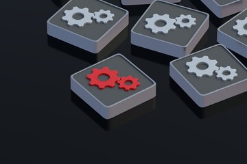 Fault testing. Engineering concept. Product defect. Critical breakdown. Serious problem. Deviation from technology. Poor quality control. Bad repair. Cogwheel on button. 3d render