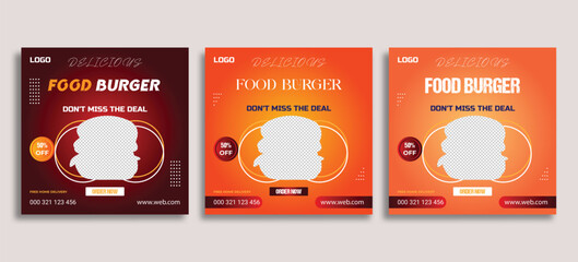 Social media food template, Restaurant social media square banner template for business promotion, Burger social media feed post template 