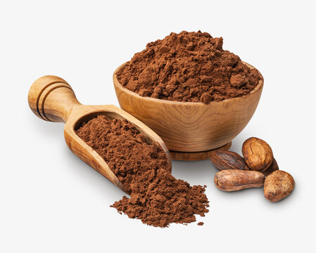 Wooden scoop with cacao powder isolated on white