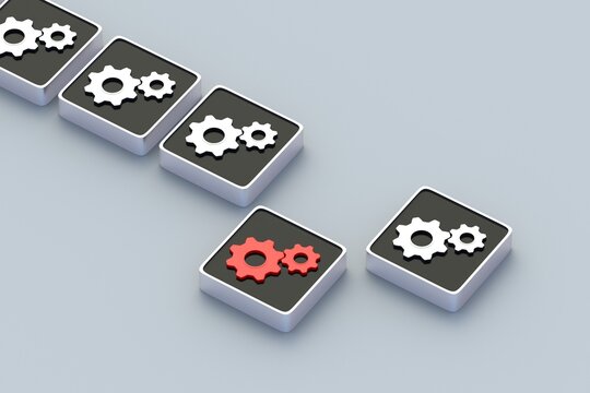Critical breakdown. Engineering concept. Product defect. Fault testing. Serious problem. Deviation from technology. Poor quality control. Bad repair. Cogwheel on button. 3d render