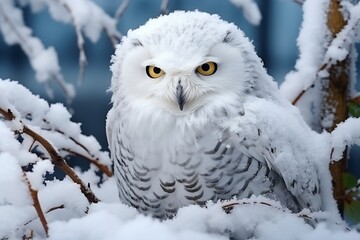 Two Snowy Owls in Winter Forest. Generative AI