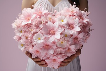 woman in a white dress holding a pink heart shape of flowers made from pink tulips.