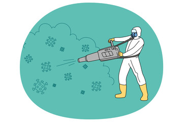 Obraz premium Man worker in protective suit disinfect surroundings from infection. Male employee in uniform involved in disinfection. Epidemic virus killing. Vector illustration.