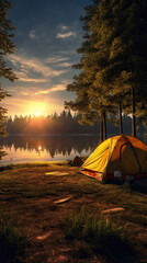 Camping tent next to a lake at sunset