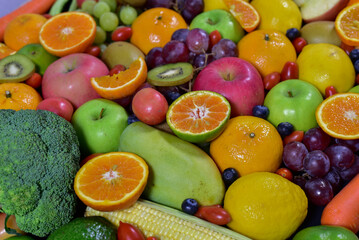 Fresh fruits, assorted fruits, colorful background. Healthy fruits and vegetables concept.
