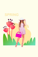Fototapeta na wymiar Vertical greeting card memories spring collage pretty woman posing model sunhat fashionista hold bag isolated on drawn nature background
