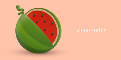 3D cut ripe watermelon. Striped green skin, red flesh, black seeds. Natural summer juicy sweets. Vector poster with place for promotional offer, announcement, logo