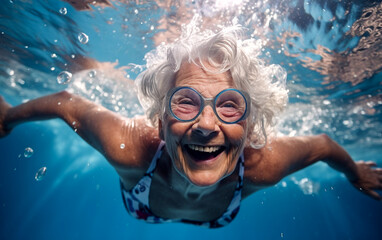 Elderly woman swimming underwater. Happy elderly enjoying summer vacation