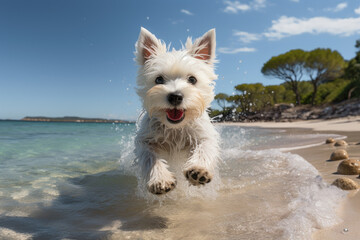 illustration of a white westin highland terrier dog, running and jumping on the beach. Created with  Ai generative - obrazy, fototapety, plakaty